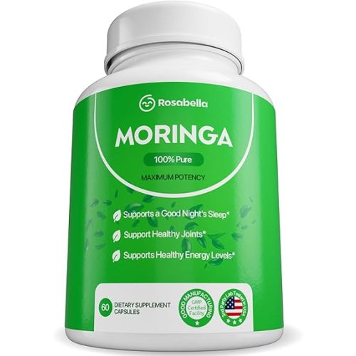 Rosabella Moringa Capsules - Pure Moringa Powder, Energy, Skin, Immune & Gut Health Superfood, Rich in Antioxidants, Essential Vitamins & Amino Acids, Natural Green Superfood Supplement - 60 Count