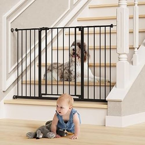InnoTruth 28.9-49" Baby Gate for Stairs, 30" Tall Extra Wide Pet Gates for Doorways One-Hand Opening, Easy Walk Thru Dual Lock Dog Gates for the House, Hallways, Rooms, Easy Install Toddler Gate,Black