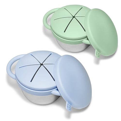 2 Pack Toddler Snack Cups, Baby Stainless Steel Snack Containers for Kids with Spill Proof Food Grade Silicone Lids & Handles 9 OZ No Spill Baby Snack Box for Mess-Free Snacking