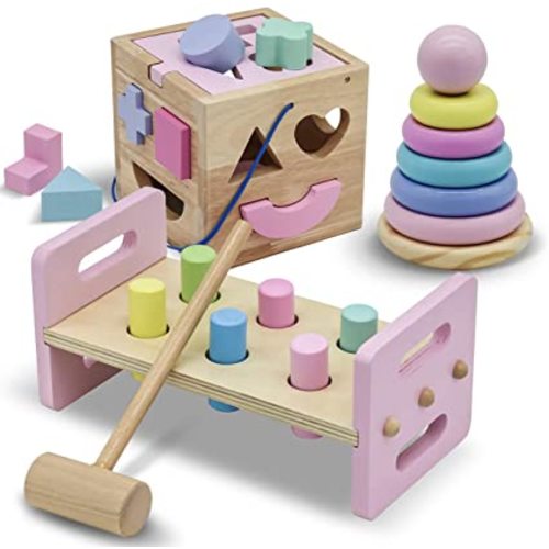 Pounding Bench with Hammer, Wood Shape Sorter Box, Rainbow Stacker, Complete Set (3 Wooden Toys Bundle)