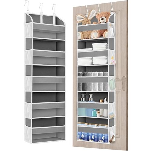 1 Pack Over The Door Storage Organizer with 5 Pockets 10 Mesh Side Pockets, 44 lbs Weight Capacity Door Hanging Organizers and Storage for Bedroom,Bathroom,Nursery,Pantry,Dorm(Light Gray)