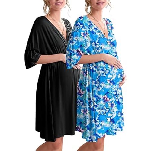 Ekouaer 3 in 1 Labor/Delivery/Hospital Gown 2 Pack Maternity Dress Nursing Nightgown Sleepwear
