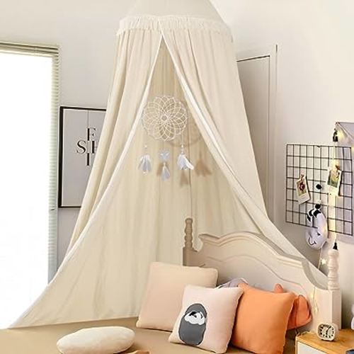 Kishome Kids Bed Canopy for Girls, Beige Crib Canopy with Tassels Princess Hanging Children Canopy Tent, Decor Toddler Girl Canopy Bed Netting for Girls Room Reading Nook, Nursery Room Crib Curtain