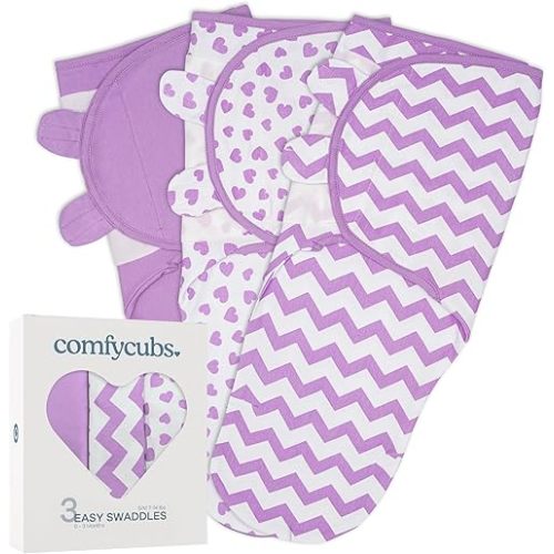 Comfy Cubs Easy Swaddle Blanket, 3 Pack - 100% Cotton Newborn Wrap, Small for 0-3 Months Infants, with Adjustable Velcro, Breathable and Durable Sleep Sack for Babies - Purple