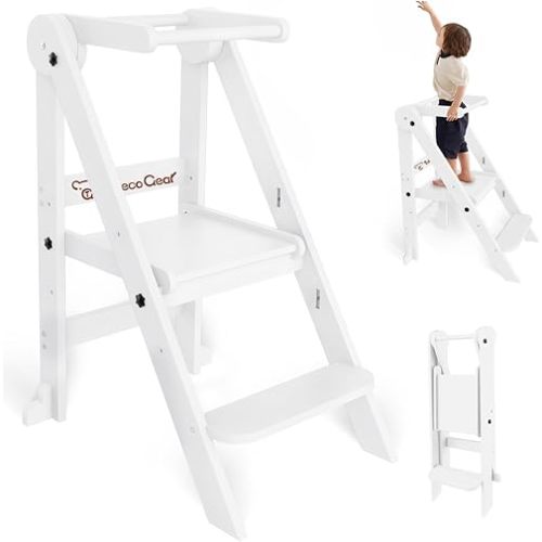 Foldable Toddler Tower, 3 Adjustable Height Toddler Standing Tower, Wooden Kids Kitchen Stool Helper with Safety Rails, Space Saving Kids Step Stool - Ages 18 Months to 6 Years