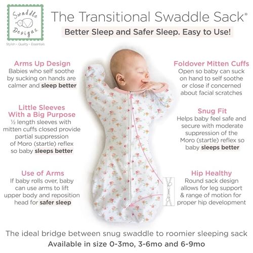 SwaddleDesigns Transitional Swaddle Sack, Arms Up Half-Length Sleeves & Mitten Cuffs, Swaddle for Newborn Transition to Baby Sleep Sack Wearable Blanket, 0-3 mo, 6-14 lb, Watercolor Peachy Pink Floral