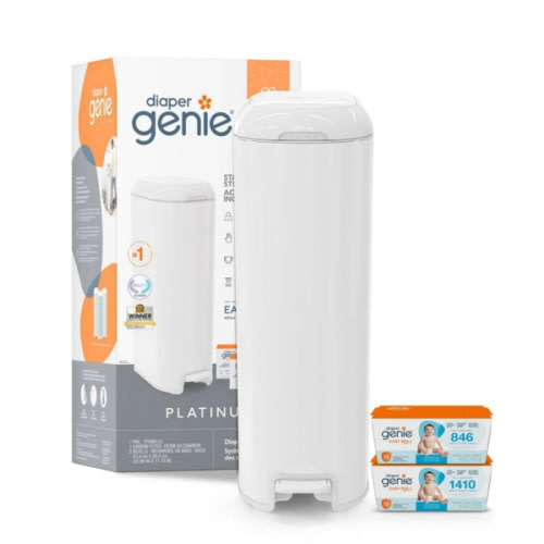 Diaper Genie Platinum Pail Gift Set, Lily White, Made of Durable Stainless Steel and Includes 2 Easy Roll Refills with 18 Bags and 30 Bags