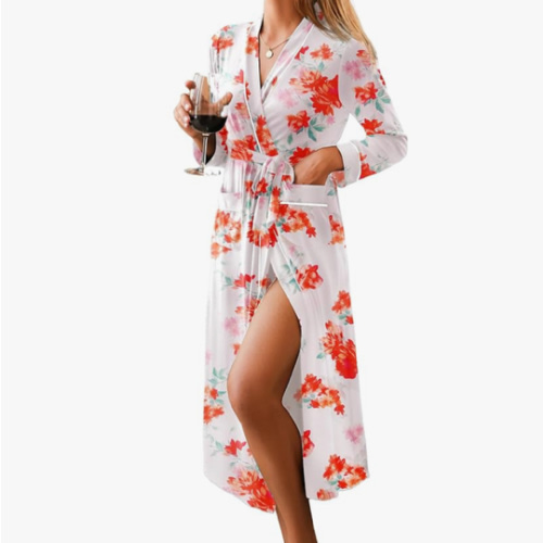 Ekouaer Women Kimono Robes Full Length Knit Bathrobe Lightweight Soft Sleepwear V-neck Casual Ladies Loungewear S-XXL