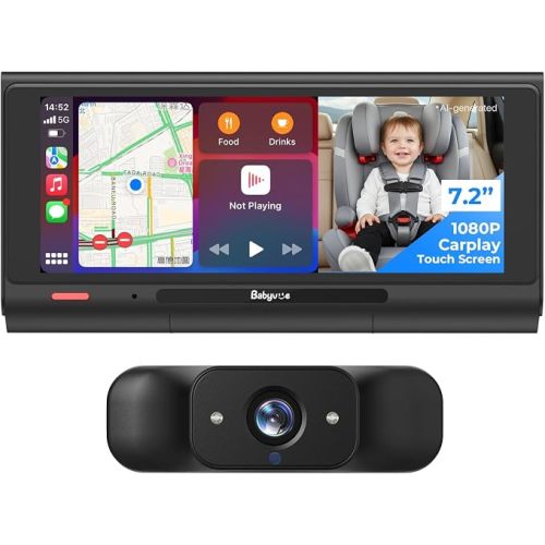 Babyvue BV7 Baby Car Camera with Carplay, 7.2" Split Screen and Recording | HD1080P Touch Screen,Auto IR Night Vision, Foldable Stand, Sleep Mode, Easy Install & Quick Pairing for Safer Driving