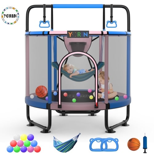 YORIN Trampoline for Kids, 60'' Toddler Mini Trampoline with Enclosure Net, Basketball Hoop, 5FT Indoor/Outdoor Kids Trampoline with Swing, Adjustable Gymnastics Bars, Gifts for Boys & Girls, 600LBS