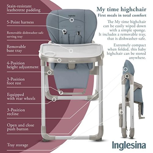 Inglesina My time High Chair for Baby & Toddler - Folding, Convertible, Easy to Clean & Made to Grow Highchair - Removable Tray, 5-Point Harness, Ultra-Compact Fold & Sturdy Construction - Sugar