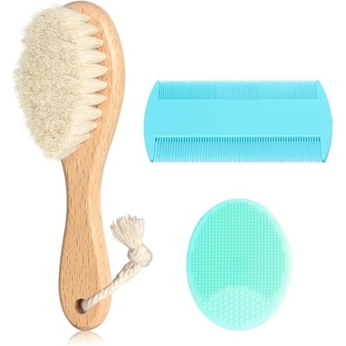 Goat Baby Hair Brush Set, Safe Natural Hair Care Kit with Wooden Soft Bristles Brush Comb Green Silicone Bath Brush for Newborns Toddlers (3pcs Set)