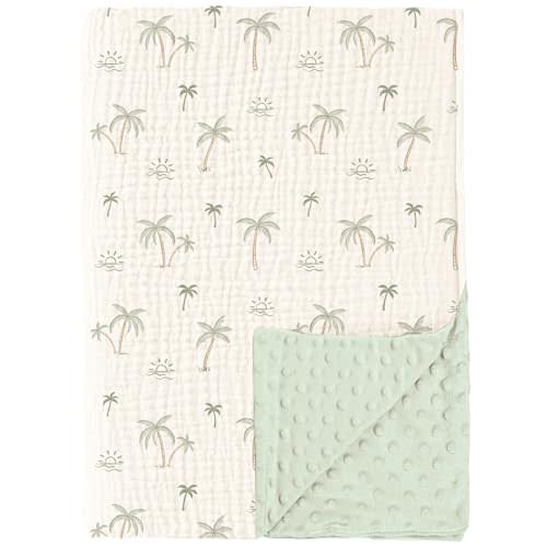 Konssy Baby Blankets for Unisex Boys Girls, Super Soft Nursery Minky Blankets with Muslin Cotton Front and Dotted Fleece Backing, Printed Bed Throws Newborn