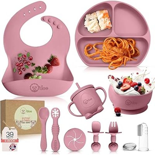 o'doe 11-Piece BPA-Free Silicone Baby Feeding Set | Thick & Soft Suction Plates, Baby Bowls, Wooden Fork & Spoon, and More | Make Mealtime Fun and Easy for Your Little One (Rose, V1)