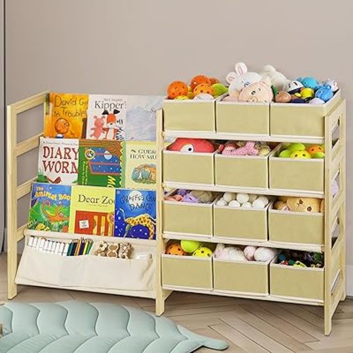 Toy Organizer with Bookshelf, 4-Tier Solid Wood Kids Bookshelf and Toy Storage, Large Capacity Toy Storage with 12 Foldable Toy Bins, Easy Assembly Multipurpose Shelf Organizer