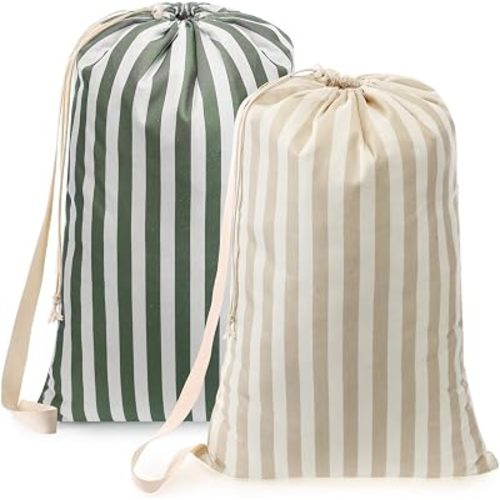 SATINIOR 2 Pcs Stripe College Laundry Bag Green Beige Canvas Travel Laundry Bags with Drawstring Shoulder Straps 29" x 18" Washable Dirty Clothes Hamper Organizer for Dorm Laundromat Apartment Camping