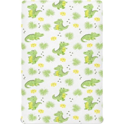 Crib Sheets for Boys Crocodiles Alligators Palm Leaves Toddler Baby Girl Sheets for Crib,Neutral Mini Crib Nursery Mattress Sheets Fitted,Crib Mattress Soft & Breathable 52 * 28 * 9In