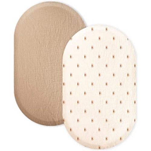 Konssy 2 Pack Muslin Fitted Bassinet Sheets for Baby Girl Boy, Soft Breathable Baby Bassinet Sheets Fit for Baby Bassinets, Cradle, Moses Basket Oval Rectangle Pad/Mattress (Camel, Sun)