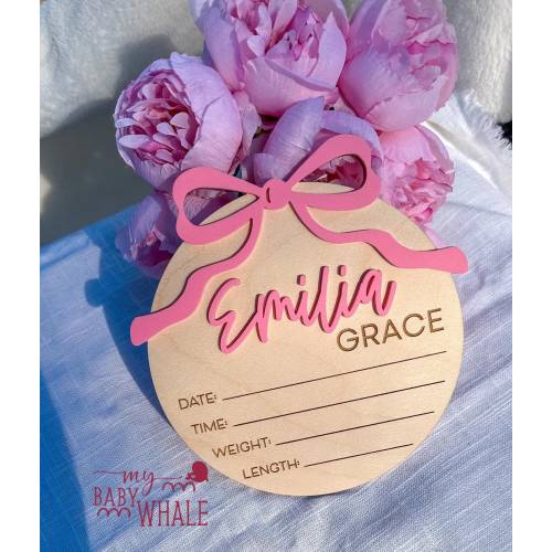 Birth Announcement Sign with Bow Personalized Nursery Name Sign Girl, Birth Stats Plaque, Pink Bow Coquette Nursery Decor, Hospital Sign for