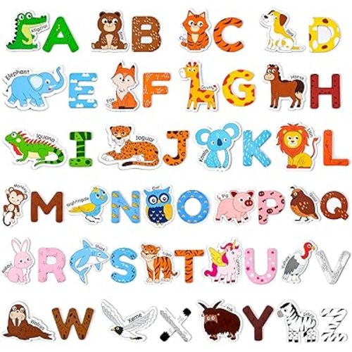 Wooden Fridge Magnets for Toddlers – 26 Cute Animals & Uppercase Letters, Large Refrigerator ABC Alphabet Magnets Set for Kids, Preschool Learning Spelling Alphabet Gifts Toy for Ages 2+