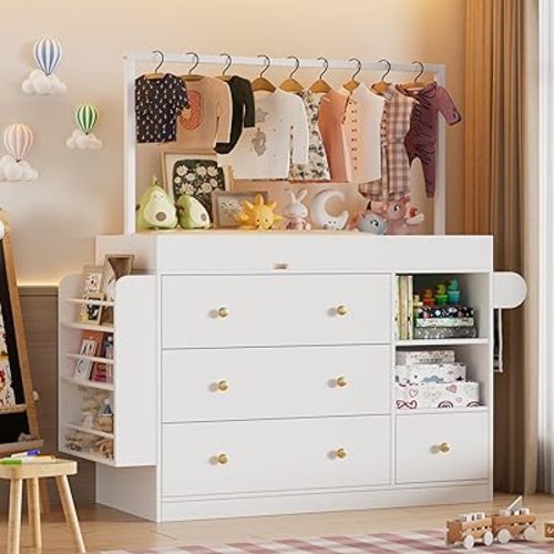Modern Changing Table Dresser,Baby Dressing Table with 4 Drawers and Storage Shelves,Multi-Functional Baby Changing Table with Drying Rack for Nursery, White