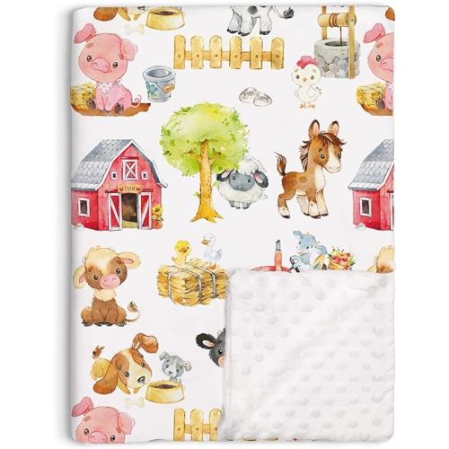 Loyoot Farm Animals Barn Baby Blanket for Boys Girls, Farm Themed Toddler Soft Minky Blanket with Double Layer Dotted Backing, Newborn Nursery Receiving Baby Crib Horse Cow Pig Chicken Dog, 30"x40"