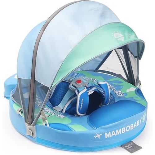 Mambobaby Float Upgrade Add Tail Baby Float with Canopy for Infant Waist Swimming Ring Swim Trainer Non-Inflatable Floats Toys with Adjustable Safety Strap (Blue - Earth)