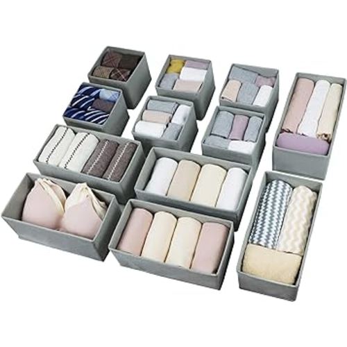 Set of 12 Drawer Organizer, Fabric Closet Organizer and Storage Baskets,Foldable Drawer Divider for Clothing,Sock,Ties,Underwear Drawer Organizers,Set of Cabinet Storage Boxes (Gray)