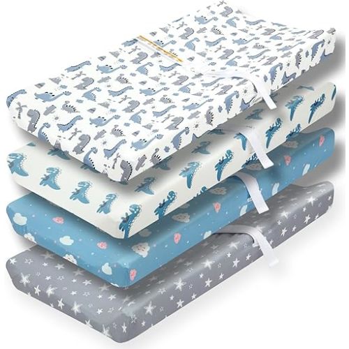 4 Pack Soft Baby Boy Sheets Dinosaur Star Cloud Soft Polyester Neutral Unisex Fitted Sheets Set for Baby Boys