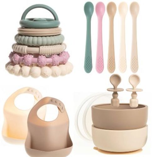 Silicone Baby Essentials Set – Tan Stacking Toy, Feeding Bibs, Suction Bowls with Spoons & First-Stage Spoons – BPA-Free, Safe for Infants & Toddlers