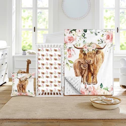 Duckbe Baby Crib Bedding Set - Highland Cow Design Nursery Bed 3 Pcs Set - Chic Soft Blanket with Dotted Backing, Sheet, Pillowcase for Newborns Girls Boys Gifts Color01