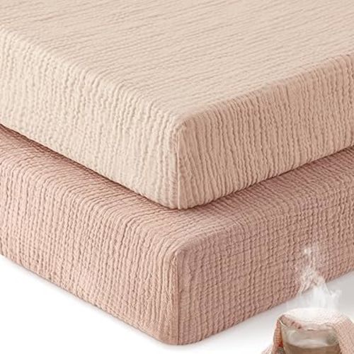 Unnivoll Muslin Crib Sheets for Boys Girls, 100% Cotton Fitted Crib Sheet 2 Pack for Standard Crib and Toddler Mattress, Breathable Soft Baby Sheet 28x52x8in Gradient Pink