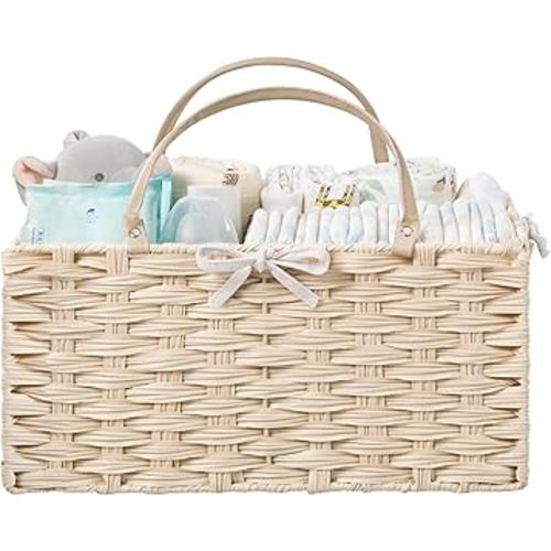 HBlife Large Diaper Caddy Organizer, Washable Waterproof, Portable Plastic Wicker Woven Basket with Divider, Nursery Diaper Station, Baby Shower Gifts Basket & Car Organizer