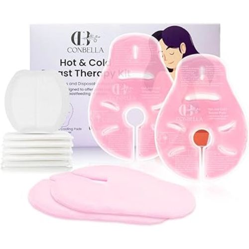 2 Larger Breast Ice Packs with Soft Covers and 6 Breast Pads for Leaking Milk, Hot and Cold Breast Therapy Packs, Breastfeeding Essentials for Relief of Clogged Ducts, Nipple Pain, Engorgement(Pink)