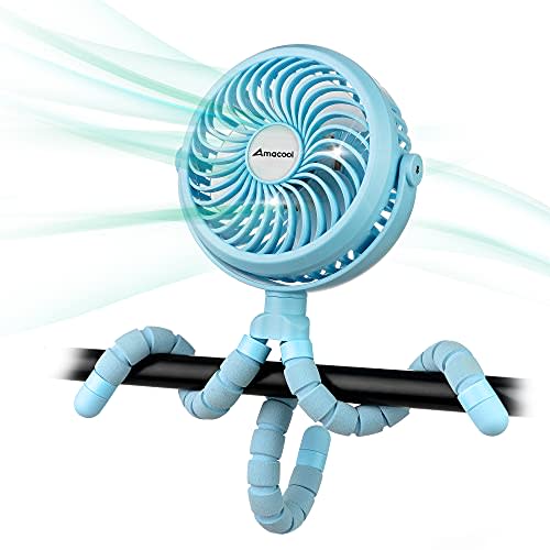 Battery Operated Stroller Fan Flexible Tripod Clip On Fan with 3 Speeds and Rotatable Handheld Personal Fan for Car Seat Crib Bike Treadmill (Blue)