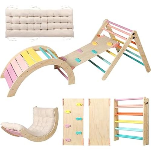 Pikler Triangle Set with Cushion, 5 in 1 Montessori Foldable Climbing Set, Climbing Indoor Playground Set for Toddlers, Wooden Climbing Toys with Ramp and Arch Climber for Kids (Color-B)