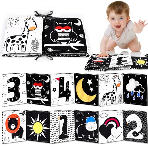 VteePck Newborn Toys Black and White High Contrast Baby Toys for 0-6, 6-12 Months, Early Education Baby Book with Numbers, Weather and Animals Signs, Tummy Time Toys, Baby Registry Search Gifts
