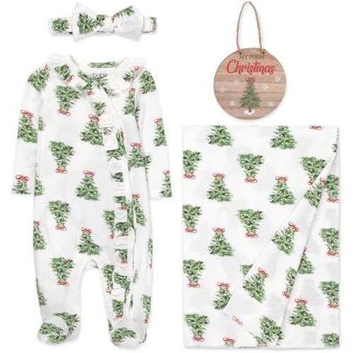 Baby Girl My First Christmas 4 Piece Outfit Gift Set – Footie Sleeper, Blanket, Headband & Ornament – Holiday Newborn