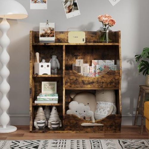 Kids Bookshelf and Toy Storage Organizer, 3-Tier Wooden Toddler Bookcase with 5 Cube Double-Sided Toy Storage, Modern Nursery Shelf