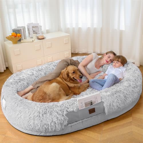 SWITTE Human Dog Bed for Adult, 71"x47"x13" Washable Large Human Size Dog Bed with Blanket for People Doze Off, Removable Giant Beds with Pillow - Light Grey