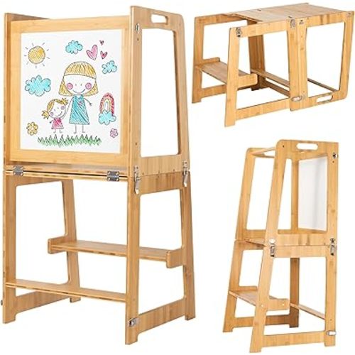 Kitchen Tower for Toddlers - 4-in-1 Toddler Standing Tower - Foldable Kitchen Stand with: Tabletop, Step Stool Ladder & Whiteboard with Dry Eraser & Markers - Helper Tower for Toddlers