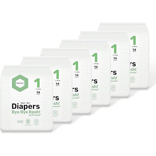 PARASOL Clear+Dry Disposable Diapers | RashShield Protection, Leakproof Design, Hypoallergenic | Size 1, (7-14 lbs) 84 Count