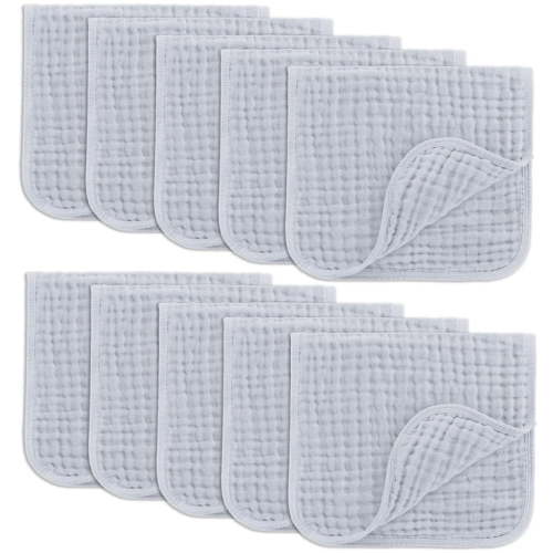 Comfy Cubs Muslin Burp Cloths - Large 100% Cotton Washcloths, 6 Layers (Slate, 10-Pack, 20"X10")