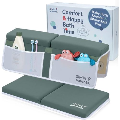 Baby Bath Kneeler and Elbow Rest Pad Set - Quick-Dry, Non-Slip Kneeling Pad for Bathing Toddler, Toy Organizer Pockets, Gift Box, Accessories for Tub, Green