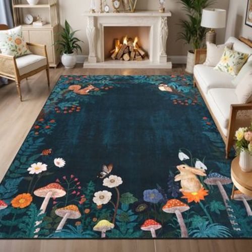 Area Rugs for Living Room Mushroom Forest Print Rug with Animals Floral Washable Area Rug Soft Non-Slip Low Pile Rug