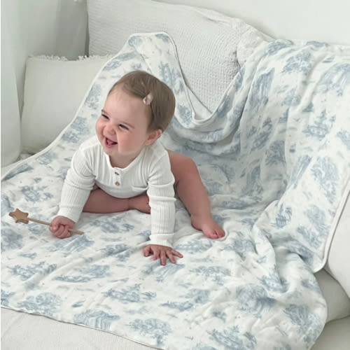 Spring Toile Blue Bamboo Baby Blanket