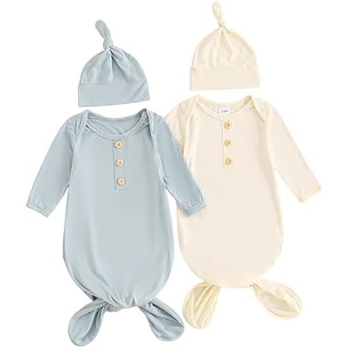Newborn Knotted Gown 2 Pack Plain Sleeper for Baby Boy Girl Coming Home Outfit