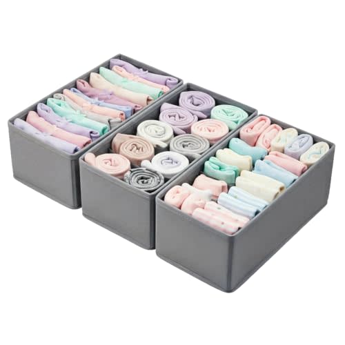 Small Foldable Fabric Drawer Organizer 3-Pack - 11“ Breathable Closet & Dresser Storage Bins for Socks, Underwear, Bras & Baby Clothes, Gray