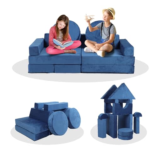 PERFECT GARDEN 14pcs Modular Kids Play Couch, Building Fort - Navy Blue