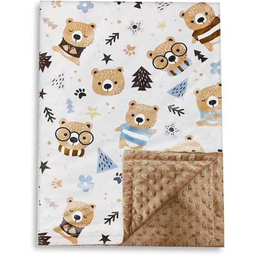 minimee Baby Minky Blanket | Unisex Baby Blankets for Newborn | Newborn Essentials (Cute Bear Printed Minky Back Dotted -30 * 40 in)
